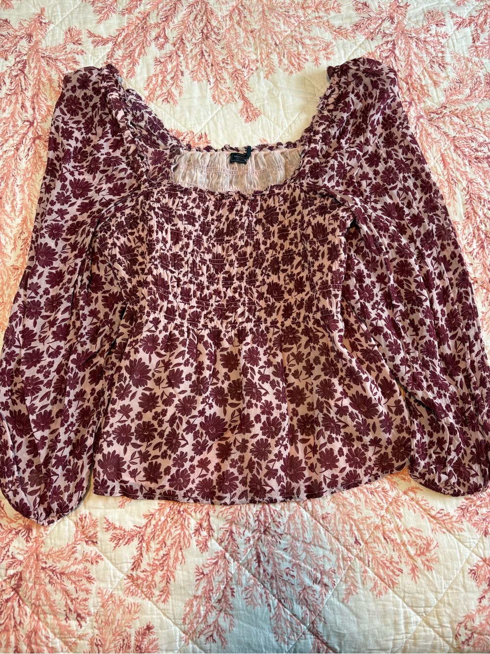 Vineyard Vines Mauve Floral Smocked Square-Neck Blouse